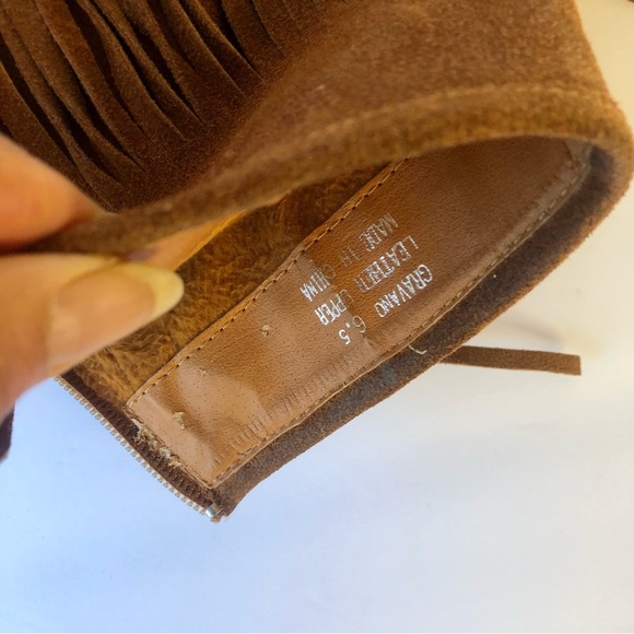 🧡 N.Y.L.A. GRAVANO COGNAC LEATHER FEINGE BOOTIE HEEL ANKLE BOOTS 6.5 - Picture 5 of 8